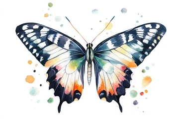 Vibrant watercolor butterfly with symmetrical wings and colorful patterns © dashtik