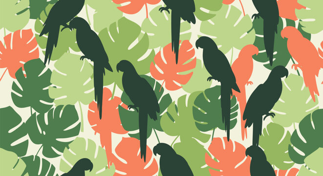 Colorful Parrots in Tropical Pattern.