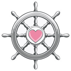Obraz premium Nautical Ship Steering Wheel with Pink Heart Emblem Navigational Love Symbol