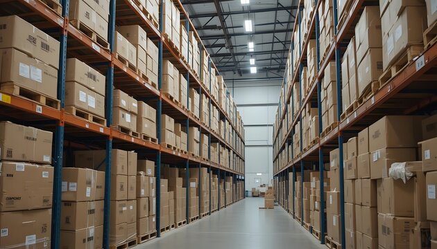 Rows of neatly stacked cardboard boxes fill the high shelves of a vast, modern warehouse facility, demonstrating efficient inventory management and streamlined logistics operations