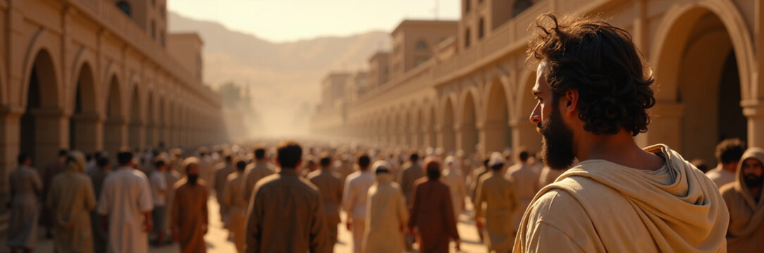 Scenes of disciples following Christ in historical marketplace with numerous people walking together. Atmosphere captures vibrant activity in ancient city setting,