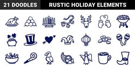 Naklejka premium Hand-drawn holiday and seasonal celebration elements for festive branding. Rustic, naive marker sketch illustrations of global festivals and events.