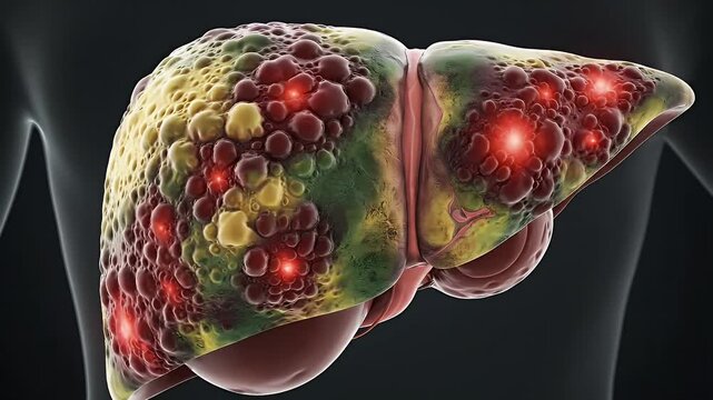 Illustration of a Human Liver with Inflammation - This is an illustration showing the human liver, with red glowing points that represent inflammation.