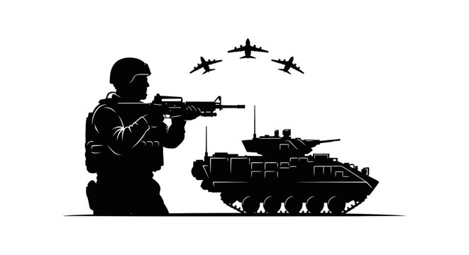 Silhouette of Soldier with Tank and Fighter Jets in Formation, Military Power Concept
