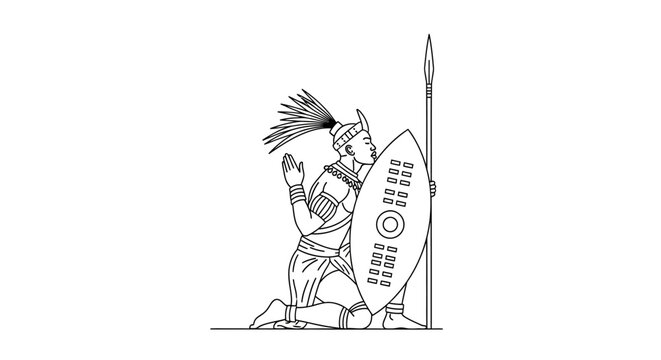 Zulu Warrior Kneeling with Spear and Shield, Traditional African Attire, Ancestral Reverence