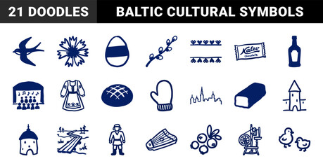 Fototapeta premium Estonian cultural heritage and folklore symbols in a naive hand-drawn doodle style. Rustic navy blue marker sketches featuring Baltic traditions and nature.