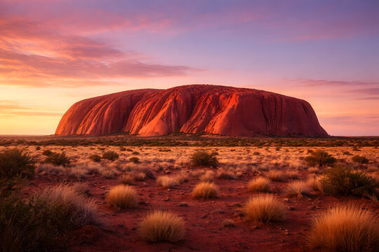 Uluru glowing red orange against vibrant sunset sky