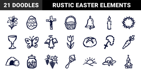 Naklejka premium Hand-drawn Easter and Christian religious elements for organic brand identity. Rustic, naive marker sketch illustrations featuring faith and spring concepts.