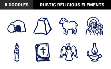 Naklejka premium Hand-drawn Christian religious symbols in a rustic naive doodle style. Clumsy marker sketch illustrations for church and faith branding.