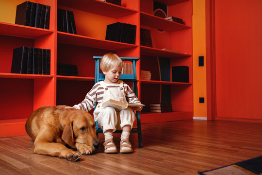 little toddler boy reading a big book to his pet friend red russian hound dog lying on the floor in the orange library at home. kid and dog smiling. friendship between child and pet