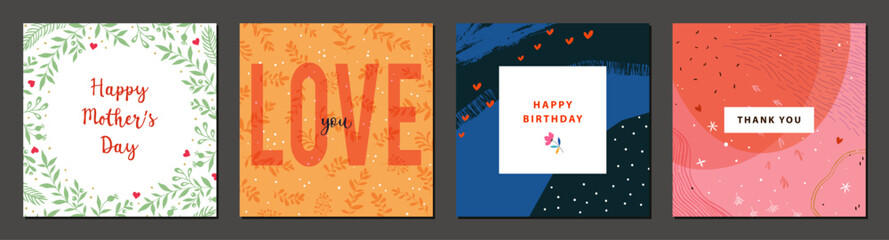 Universal greeting cards and backgrounds. Square templates with ornate floral frame, hearts and copy space. Suitable for Valentine’s Day, Mother’s Day, Birthday, social media posts, mobile apps. © KatyaKatya