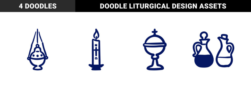 Hand-drawn Christian liturgical symbols in a rustic marker sketch style. Naive doodle illustrations of a paschal candle, censer, chrism oil, and ciborium for religious branding.