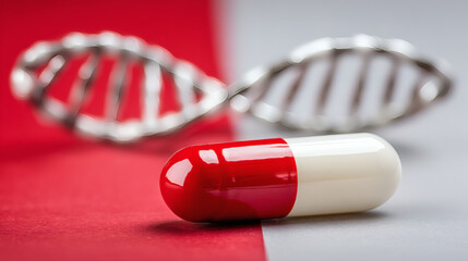 photography focusing on a split tone primary color background where a single red and white capsule sits adjacent to a realistic DNA helix model. The shallow depth of field creates a professional 