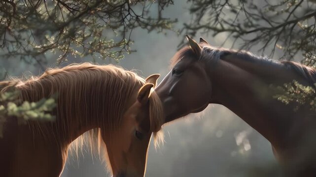 Two horses gently touching heads in a peaceful natural setting with soft sunlight.