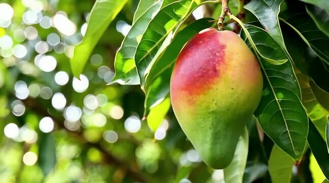 Single ripe mango hanging on tree branch with green leaves in tropical garden