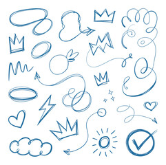 Obraz premium Collection of Hand-Drawn Blue Doodle Crowns, Arrows, Hearts, and More