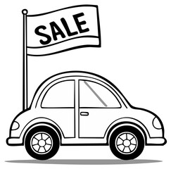 Cartoon car with sale flag illustration for automotive business and promotion