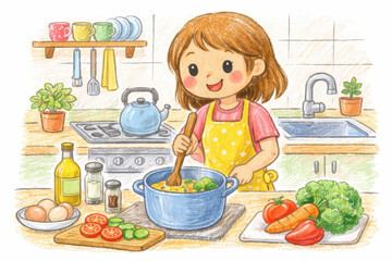 Cute little girl cooking vegetable soup in the kitchen. Colored pencil drawing style illustration showing a child stirring a pot with fresh vegetables, eggs and cooking ingredients on the table.