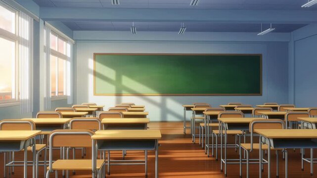 Bright and inviting classroom with empty desks and a chalkboard, symbolizing education and learning environment. Perfect for school-related content and educational themes