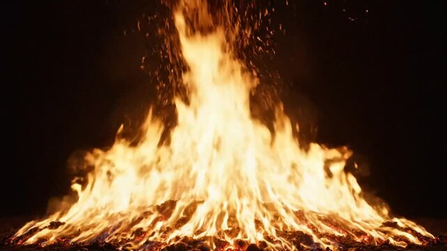 Brightly burning bonfire with tall flames and showering sparks against a black background, a dramatic night time inferno