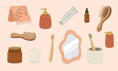 Bathroom essential set with bamboo toothbrush, mirror, comb and toothpaste