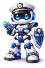 Cute futuristic police robot character with glowing blue eyes, shield and blaster in colored pencil drawing style. Friendly sci-fi guardian illustration isolated on white background for kids themes.