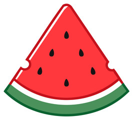 Vector Graphic Watermelon Slice with Bite Marks, Red Flesh and Black Seeds; Isolated on White