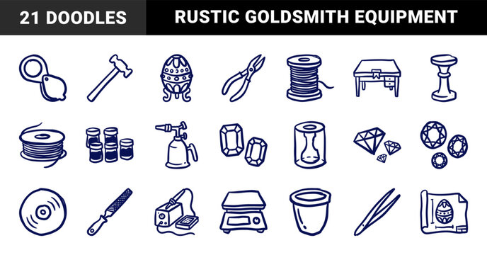Hand-drawn jewelry making tools and gemstone elements in a naive blue marker doodle style. Rustic goldsmith equipment and lapidary workshop sketches.