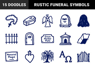 Naklejka premium Funeral and cemetery memorial elements for mourning stationary. Crude marker sketch illustrations featuring grave, coffin, and angel concepts.