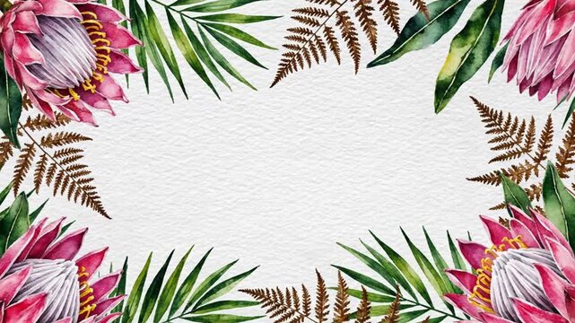 Tropical Floral Frame with Proteas and Leaves.