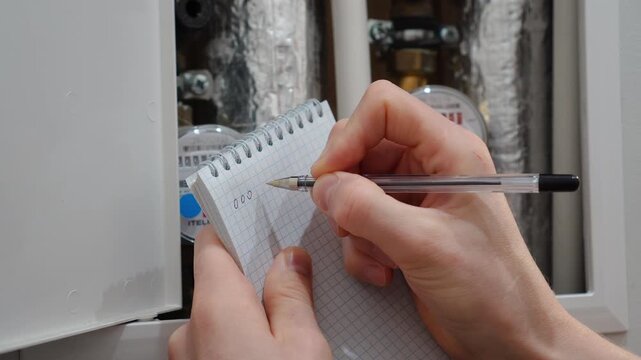 A man writes down the readings of water meters with a pen on paper. The concept of paying for utilities. Rise in price per cubic meter of water. A man takes readings from the water meter in house.  