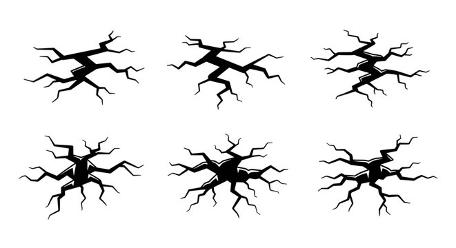 Set of Six Black Ground Cracks Illustrations.
