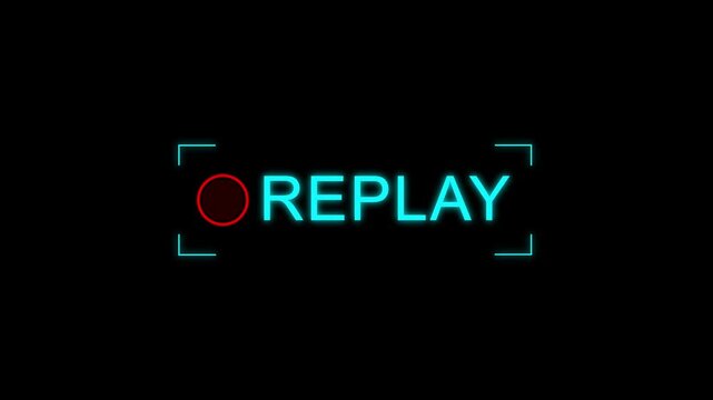 Neon Replay Button Animation with Glowing Blue Text and Red Circle on Black Background red circle animation