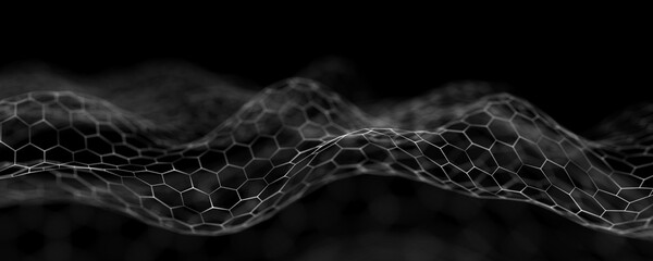 Futuristic hexagon mesh landscape on black background. Flowing honeycomb wireframe surface creates abstract digital wave. Minimal monochrome technology backdrop. © Alina