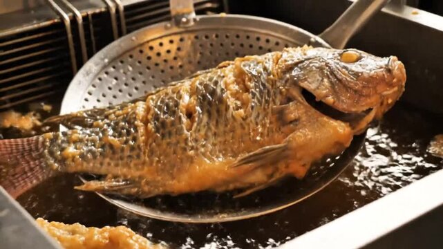 Crispy fried whole fish being lifted from hot oil in a deep fryer, cooking process close up