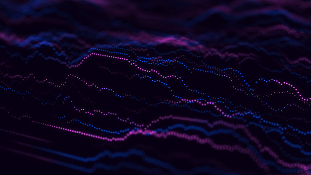 Abstract neon dotted wave field on dark background. Glowing blue and pink particle lines create dynamic digital waveform. Futuristic technology flow.