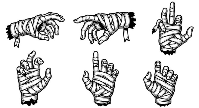 Set of six mummified hands in various gestures for Halloween.