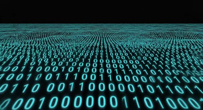 Glowing binary code numbers form a digital landscape receding into a dark, abstract space