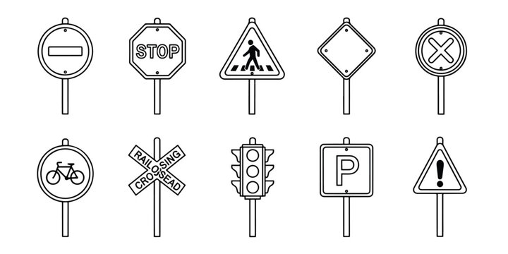 Minimalist Road Sign Icons Set for Design Projects - Minimalist, flat icon, outline, glyph, linear, clipart, sticker - Vector icon set - Glyph icon