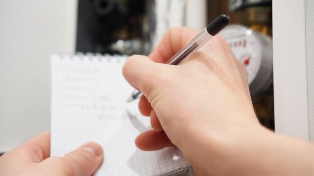 A man writes down the readings of water meters with a pen on paper. The concept of paying for utilities. Rise in price per cubic meter of water. A man takes readings from the water meter in house.  
