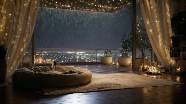 Luxury living room at night with large balcony window showing rain outside and warm fairy lights above cozy meditation corner with cushion and rug