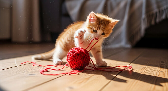 Adorable orange and white kitten playing with a red yarn ball on a wooden floor in warm natural sunlight. The curious young cat bites and paws at the yarn, creating a playful and cozy home scene