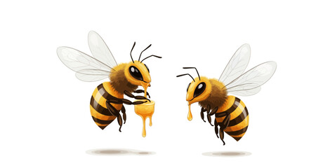 Two bees flying with honey dripping. © Desta