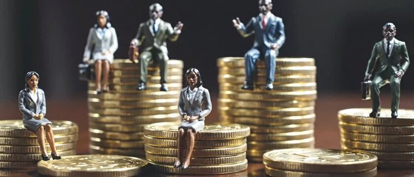 Miniature men and miniature women sitting on coins of different heights. Concept of gender pay gap