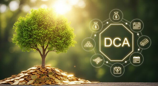Tree growing from gold coins with dca investment concept keywords: dca, dollar cost
