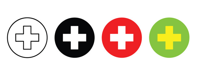 Fototapeta premium Modern Flat Colorful Medical Cross Icon Set Bundle - Minimalist, flat icon, outline, glyph, linear, clipart, sticker - Vector icon set - Glyph icon