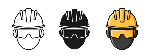 Fototapeta premium Safety Helmet Icons Set with Goggles in White, Black, Yellow - Minimalist, flat icon, outline, glyph, linear, clipart, sticker - Vector icon set - Glyph icon