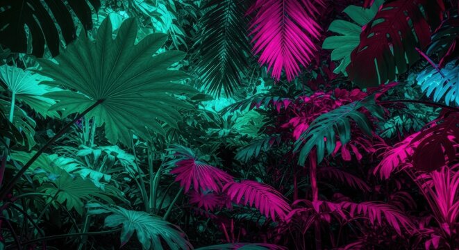 Dark jungle with tropical leaves in neon teal and magenta