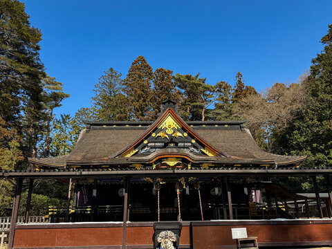 Osaki Hachimangu Shrine historic Shinto shrine in Sendai Japan with traditional architecture under clear blue sky