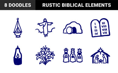 Hand-drawn Christian religious symbols in a rustic naive doodle style. Blue marker sketch illustrations featuring biblical stories and faith elements.